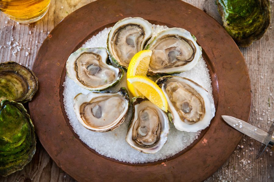 Fresh oysters on ice with lemon on a metal serving plate