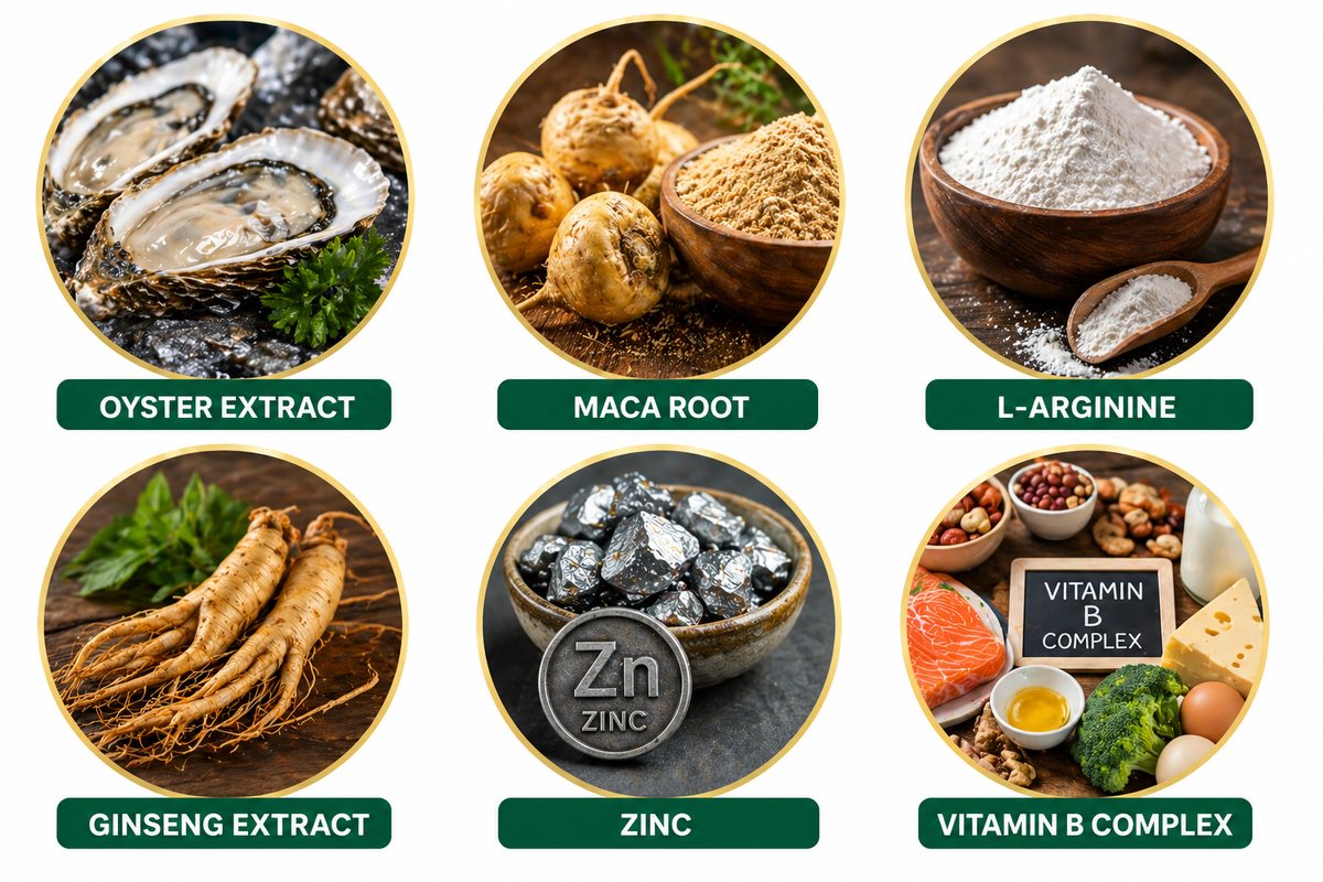 Grid of supplement ingredients: roots, dried botanicals, extract powders and mineral powders in bowls
